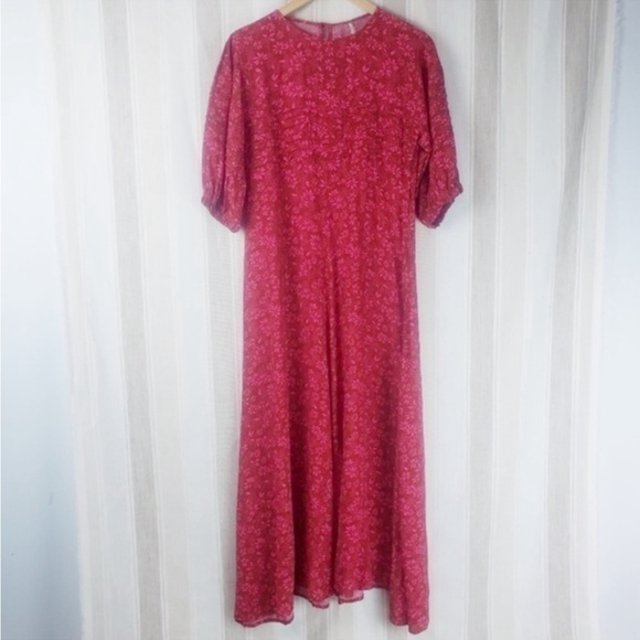FREE PEOPLE Jessie MIDI Dress Pink Floral Flowy Puff Sleeves Size 4 Like New! - Picture 4 of 10